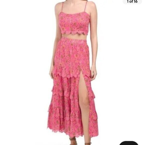 NWT Caroline Constas Floral Tiered Skirt & Crop Top Set in Pink Women Size M - Picture 2 of 15